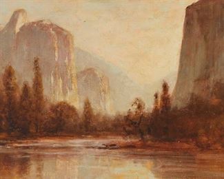 2087
Thomas Hill
1829-1908
Yosemite Landscape, 1898
Oil on board
Signed and dated lower right: T. Hill
14" H x 21" W
Estimate: $8,000 - $12,000