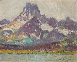 2090
Guy Carleton Wiggins
1883-1962
Lake In A Mountain Landscape
Oil on canvas laid to board
Signed lower right: Guy Wiggins; signed again and indistinctly titled and dated verso
8" H x 10" W
Estimate: $4,000 - $6,000