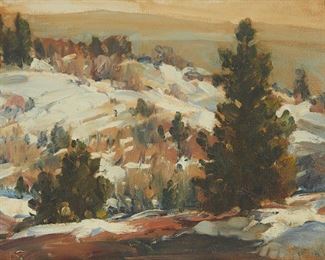 2092
Hanson Duvall Puthuff
1875-1972
"Winter Season"
Oil on Masonite
Signed faintly in pencil lower right: H. Puthuff; signed again and titled in pencil verso
12" H x 16" W
Estimate: $1,500 - $2,000