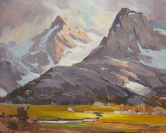2091
Orrin A. White
1883-1969
Eastern Sierra Landscape With Snow-Capped Peaks
Oil on canvas
Signed lower right: Orrin A. White
16" H x 20" W
Estimate: $3,000 - $4,000