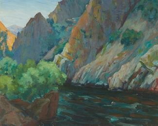 2097
Jean Mannheim
1863-1945
"Kern River"
Oil on canvas laid to Masonite
Signed lower left: J. Mannheim; titled on a label affixed verso
20" H x 24" W
Estimate: $2,000 - $4,000