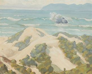 2100
Ralph William Holmes
1876-1963
"Dunes And Surf"
Oil on board
Signed lower right: Ralph Holmes; titled on a label affixed verso
18" H x 20" W
Estimate: $1,000 - $1,500