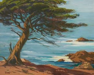 2102
Sam Hyde Harris
1889-1977
Monterey Cypress
Oil on canvas
Estate signed lower left: Sam Hyde Harris; estate stamp verso signed by Maureen St. Gaudens
24" H x 30" W
Estimate: $4,000 - $6,000