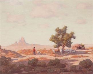 2106
Conrad Buff
1886-1975
Southwest Landscape With Figures And Sheep
Oil on board
Signed lower right: Conrad Buff
18" H x 24" W
Estimate: $4,000 - $6,000