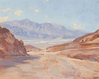 2110
John Frost
1890-1937
"Desert Landscape"
Oil on canvas laid to board
Signed lower right: John Frost, titled on a gallery label affixed verso
11.5" H x 17.5" W
Estimate: $5,000 - $7,000
