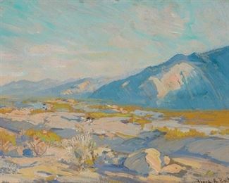 2111
Franz A. Bischoff
1864-1929
"Palm Springs"
Oil on board
Signed lower right: Franz A. Bischoff; titled on a gallery label affixed verso
13" H x 19" W
Estimate: $5,000 - $7,000