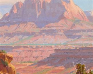 2113
Charles Muench
b. 1966
Desert Bluff Landscape, Utah
Oil on canvas laid to panel
Signed lower left: C. Muench; signed again and numbered verso: 0825
12" H x 12" W
Estimate: $1,000 - $1,500