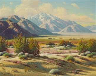 2117
Paul Grimm
1891-1974
"Under Desert Sky"
Oil on canvas
Signed lower left: Paul Grimm; signed again and titled verso
24" H x 30" W
Estimate: $3,000 - $5,000