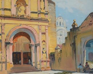 2119
Hanson Duvall Puthuff
1875-1972
"Taxco"
Oil on canvas laid to Masonite
Signed lower right: H. Puthuff; titled on a gallery label affixed verso
16" H x 20" W
Estimate: $5,000 - $7,000