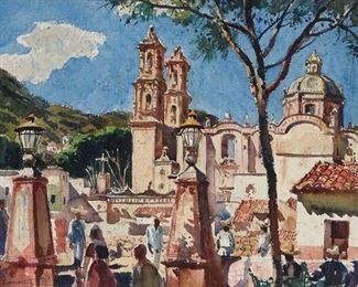 2120
Emil J. Kosa Jr.
1903-1968
"Sparkling Taxco"
Watercolor on paper
Signed lower left: Emil Kosa Jr.
Image: 20.75" H x 28.75" W; Sheet: 22" H x 30" W
Estimate: $4,000 - $6,000