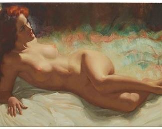 2124
Earl Moran
1893-1984
Female Nude
Oil on Masonite
Signed lower left: Earl Moran
24" H x 48" W
Estimate: $3,000 - $5,000