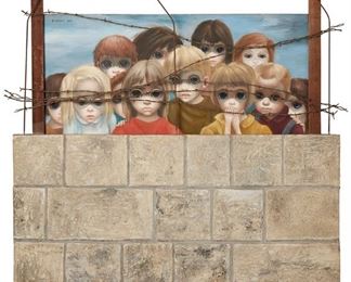 2129
Margaret Keane
b. 1927
"The Berlin Wall," 1964
Oil on canvas with assemblage of wood and barbed wire
Signed and dated upper left: Keane; with name plaque affixed lower center: Walter Keane
61.75" H x 51.25" W
Estimate: $6,000 - $9,000
