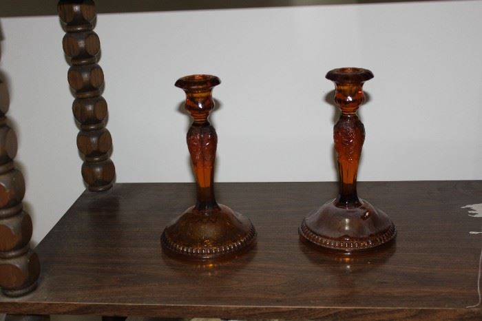 Vintage Amber Glass Candle Sticks and Vintage Shelf.