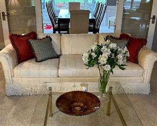 Living Room Sofa along with Glass and Brass Cocktail Table