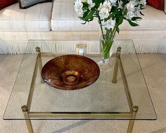 Glass and Brass Coffee Table and 2 Matching Side Tables. 