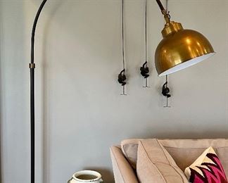 Pottery Barn Winslow Arc Sectional Floor Lamp with Brass Shade Hood.