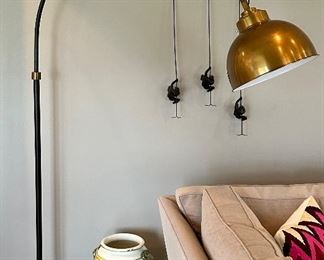 Pottery Barn Winslow Arc Sectional Floor Lamp with Brass Shade Hood.