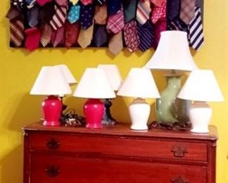 Antique Chest, Perhaps Cherry on Bracket Feet ~ Group of Table Lamps ~ Unique Art formed of Neckties