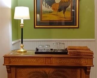 Tropical Bar with Extensive Rear Storage ~ Framed Art of Rooster ~ Lamp ~ Crystal Glassware ~ Woven Placemats