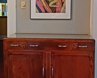 English Oak Art Deco Period Buffet ~ Original Abstract Frog Watercolor, Signed by Artist