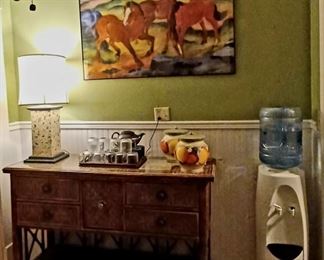 Woven Sideboard as a Coffee Bar ~ Kentwood Water Dispenser ~ Framed Watercolor of Horses