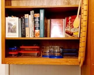 Group of Recipe Books ~ Pyrex Glass Storage Containers ~ Glass Canister Jars ~ Glass Dinnerware Set ~ Rolling Pin & Elongated Wood Tray