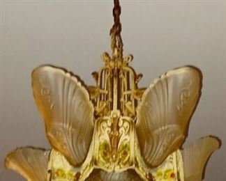 Rare Antique Slip-Shade Hanging Light ~ Frosted Glass Shades Mounted on Handpainted Iron Fixture