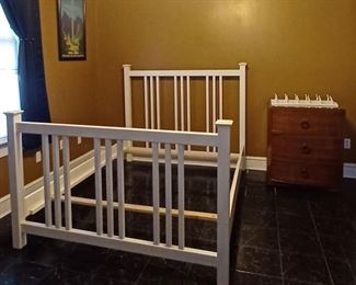 Full Size Metal Bed ~ English Three Drawer Nighstand ~ Mounted Coat Hooks