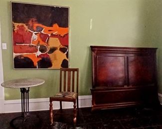 Full Size Headboard, Footboard & Rails ~ English Side Chair ~ Iron Table with Marble Top ~ Large Format Abstract Art