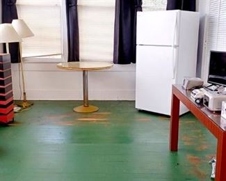 Televisions ~ Small Electronics ~ Heaters ~ Artist Abstract Painted Wood Pedestal ~ Floor Lamps ~ Cafe Table ~ Refrigerator