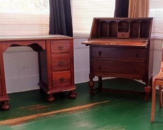Desk on Bun Feet ~ English Oak Drop Front Secretary Desk ~ Harp Back Side Chair