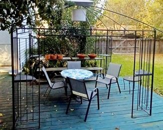 Large Metal Gazebo with Corner Shelves and Lighted Top ~ Patio Furniture ~ Glass Shelves with Clay Planters