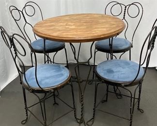 Antique Ice Cream Parlor/ Cafe Table & Four Chairs with Blue Faux Suede Seats
