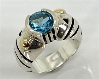 John Atencio Sterling Silver/18K Gold Open Bezel Set Blue Topaz Ring
