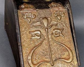 Victorian Wood Coal Box with Art Nouveau Brass Decorative Plate
