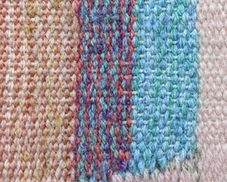 Vintage EVELYN ACKERMAN Signed Original Textile Art on Open Frame - Colorful Houses on Pink Backdrop
