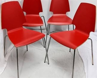Four Red-Orange Chrome Plated Vilmar Stacking Chairs from IKEA
