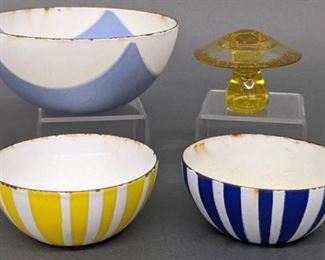 Three CATHERINEHOLM Zebra Small Enamelware Nesting Bowls and Art Glass Mushroom
