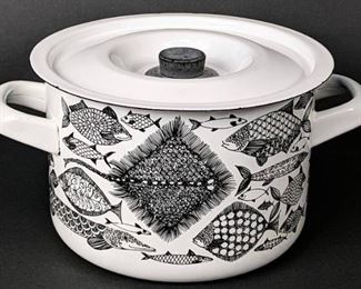 RARE Vintage Finel Arabia NEPTUNE Enamelware Stock Pot with Lid - Finnish Fish Theme
