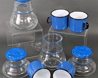 Vintage Kitchen! 4 Poland Enamel Mugs + 4 Verreries Du Gier Daisy Glass Storage Jars

