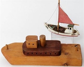 2 1930's Folk Art Hand Carved Wood Toy Boats
