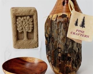 Beautiful Hand-Made Trio: Ivar Zapp Cocobolo Wood Bowl, Osage Orange Wood Vase, Cement Tree
