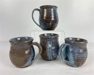 Set of 4 Sally Cardozo Brown Hand Thrown Studio Pottery Mugs with Beautiful Blue Glaze- Signed

