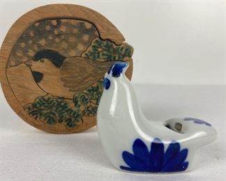 Vintage Blue and White Porcelain Hen Whistle & Hand-Carved and Painted Wood Folk-art Chickadee Puzzle
