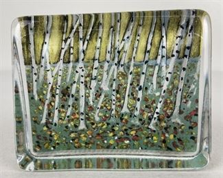 Signed Helja Liukko-Sundstrom Glass Paperweight IIttala Finland - "Dancing Leaves" with Birch Trees
