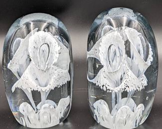 Pair of Vintage St. Clair Blown Art Glass Trumpet Flower Paperweight Bookends
