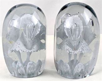 Pair of Vintage St. Clair Blown Art Glass Trumpet Flower Paperweight Bookends
