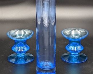 Blue Blown Art Glass Candle Holders and Stem Vase
