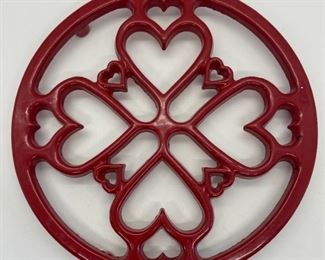 Vintage Red Cast Iron Enameled Three-Footed Round Trivet with Hearts - Made in France
