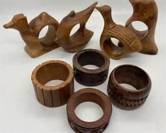 8 Vintage Wooden Napkin Rings - 4 Animals & 4 Carved Rings
